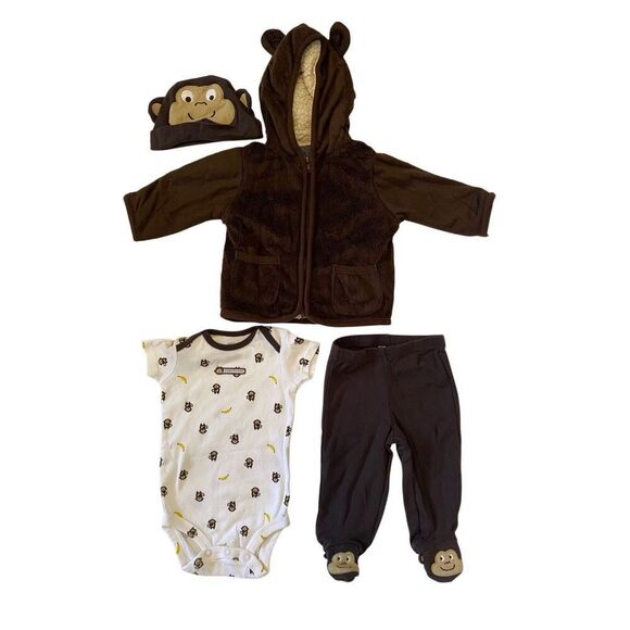 Lot of 4 Carters Monkey Baby Hat Pants Zip Up Hoodie One Piece 3 Months - Picture 1 of 10
